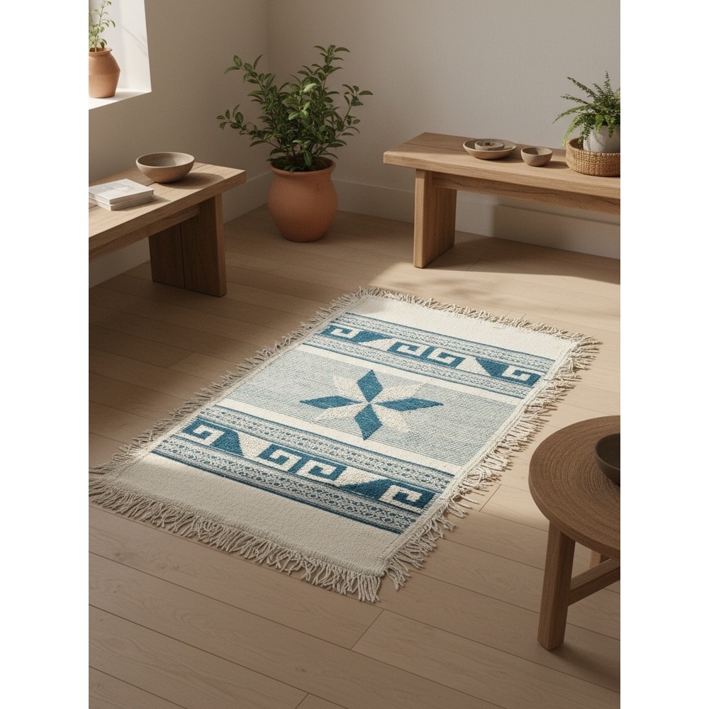 Handwoven Wool Zapotec Rug Blue White Geometric Star Southwestern Fringe 54x35